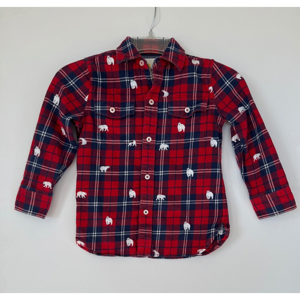 Mini Boden Kids Red Plaid Polar Bear Long Sleeve Button Up Shirt Boys 5-6 Years